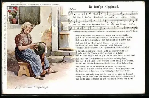 Lithographie Erzgebirge, Frau beim klöppeln, Lied De lust`ge Klipplmad