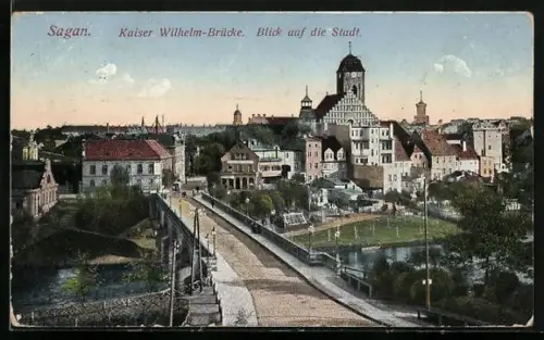 AK Sagan, Kaiser-Wilhelm-Brücke und Blick auf die Stadt