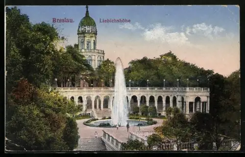 AK Breslau, Liebichshöhe mit Fontäne