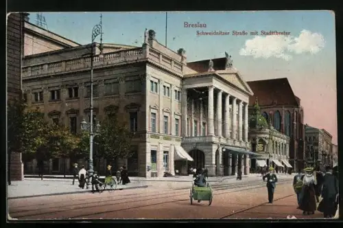 AK Breslau, Partie an der Schweidnitzer Strasse mit Stadttheater