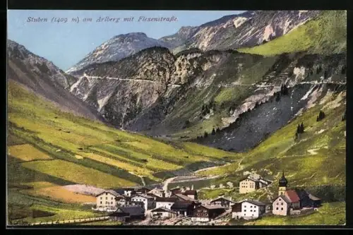AK Stuben am Arlberg, Teilansicht mit Flexenstrasse