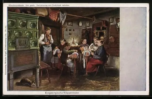 AK Sächsische Tracht, Erzgebirgische Klöppelstube, Familie bei der Arbeit