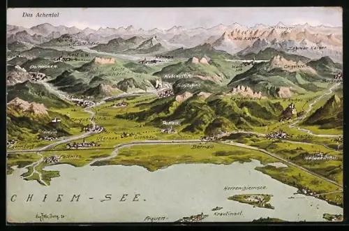 Künstler-AK Eugen Felle: Bernau / Chiemsee, Ortsansicht, Umgebungskarte