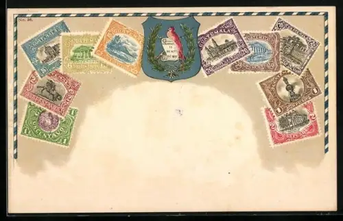 AK Guatemala, Briefmarken aus Guatemala mit Wappen