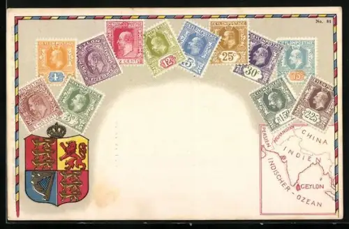 AK Ceylon, Briefmarken und Wappen, Landkarte