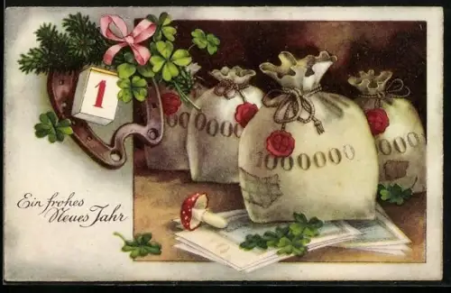 AK Herzliche Glückwünsche zum neuen Jahre, erstes Kalenderblatt, Hufeisen u. Geldsäcke m. Glücksklee u. Fliegenpilz