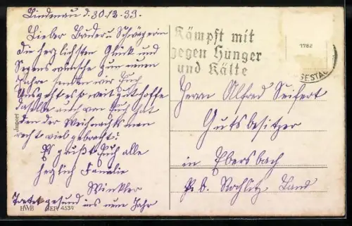 AK Herzliche Glückwünsche zum neuen Jahre, erstes Kalenderblatt, Hufeisen u. Geldsäcke m. Glücksklee u. Fliegenpilz