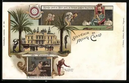 Lithographie Monte Carlo, Le Casino, Faites votre jeu Messieurs, Ruine Rien ne va plus