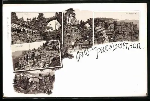 Lithographie Prebischthor, Hotel, Ansichten des Thores