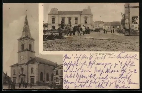 AK Cirey, deutsche Soldaten auf dem Marktplatz und vor der Kirche 1915