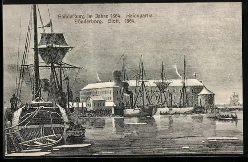 Künstler-AK Sonderburg, Hafenpartie 1864