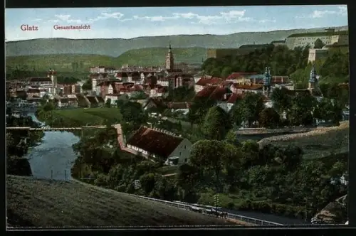 AK Glatz, Gesamtansicht des Ortes mit Kirche