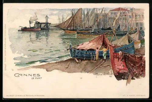 Künstler-AK Manuel Wielandt: Cannes, Le Port, Segelschiffe liegen im Hafen