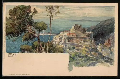 Künstler-Lithographie Manuel Wielandt: Eze, Panorama mit Serpentinen
