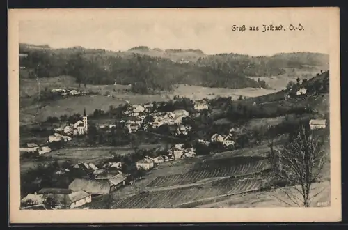 AK Julbach /O.-Ö., Totalansicht mit Feldern von einem Hang aus