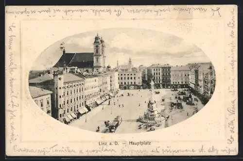 AK Linz a. D., Hauptplatz mit Kirche und Denkmal