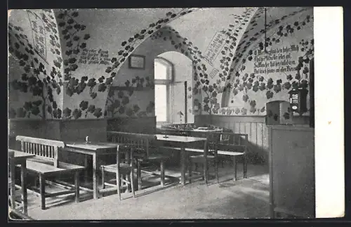 AK Lambach, Stifts-Weinstübl, Innenansicht mit Weinranken und Sprüchen