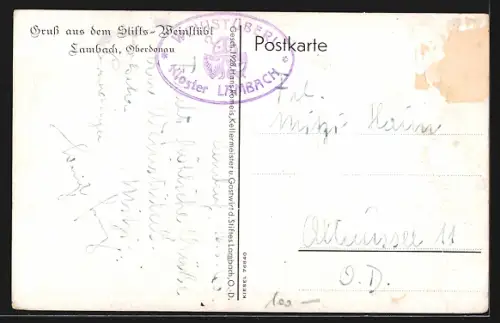 AK Lambach, Stifts-Weinstübl, Innenansicht mit Weinranken und Sprüchen