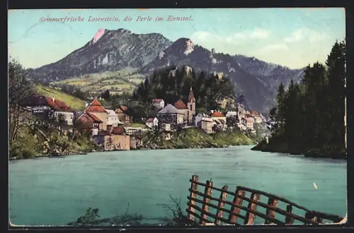 AK Losenstein, Uferpartie mit Blick auf den Ort