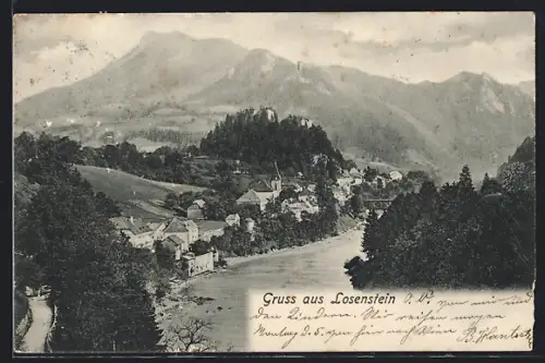 AK Losenstein /O. Ö., Ortsansicht mit Flusspartie und Bergen