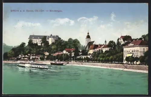 AK Grein a. d. Donau, Ortsansicht mit Donaupartie und Dampfer