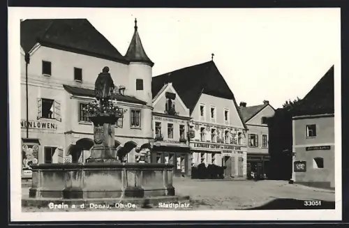 AK Grein a. d. Donau, Stadtplatz mit Gasthof zur goldenen Krone, Radio mit OÖ-Elektrobau AG