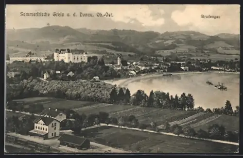 AK Grein a. d. Donau, Bahnhof mit Blick auf Ort und Donau