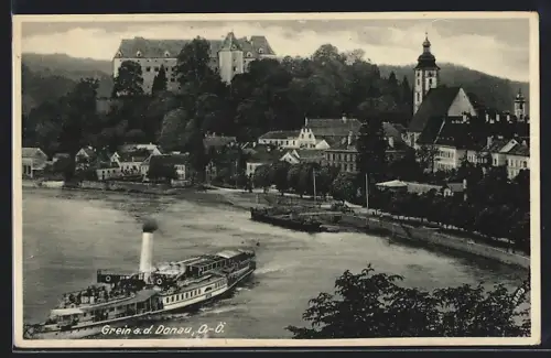 AK Grein a. d. Donau, Uferpartie und ablegender Dampfer