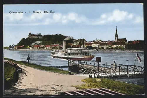AK Ottensheim, Ortsansicht mit Dampfer