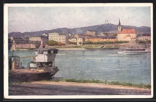Künstler-AK Rud. Schmidt: Dampfschiff der Donaudampfschifffahrtsgesellschaft Wien am Pöstlingberg in Urfahr