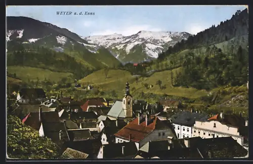 AK Weyer a. d. Enns, Gesamtansicht mit Alpen