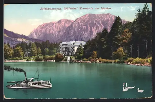 AK Mondsee, Waldhotel Kreuzstein am Mondsee mit Dampfer