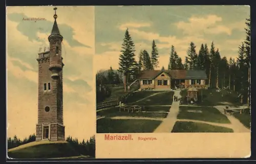 AK Mariazell, Gasthaus Bürgeralpe und Aussichtsturm