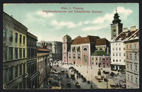 AK Wien I, Freyung, Schottenpfarrkirche, Schwanthaler Brunnen, Marktstände