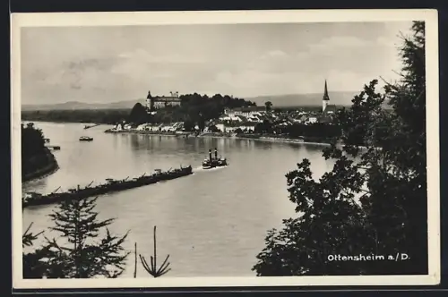 AK Ottensheim, Ortsmotiv mit Donauschlepper und Schloss