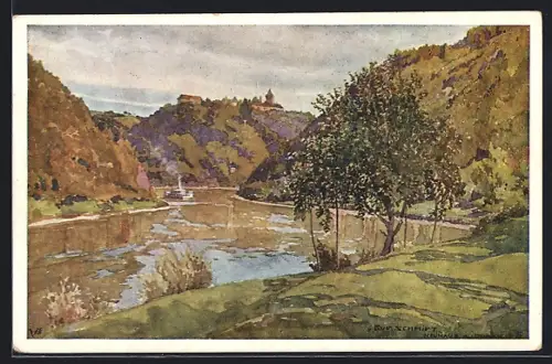 Künstler-AK Rud. Schmidt: St. Martin im Mühlkreis, Schloss Neuhaus an der Donau, Dampfer