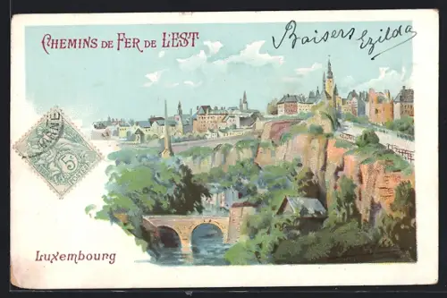 Künstler-AK Luxembourg, Vue générale, Chemis de fer de l`est