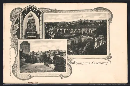 AK Luxembourg, Panorama mit Madonnenfigur