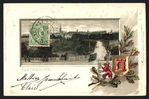 Passepartout-Lithographie Luxembourg, Teilansicht mit Brücke, Wappen