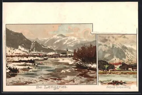 Künstler-Lithographie Otto Strützel: Lenggries, Schloss Hohenburg, Blick zum Ort im Winter