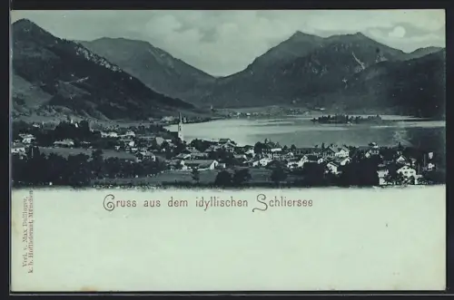 Mondschein-AK Schliersee, Panorama der Ortschaft