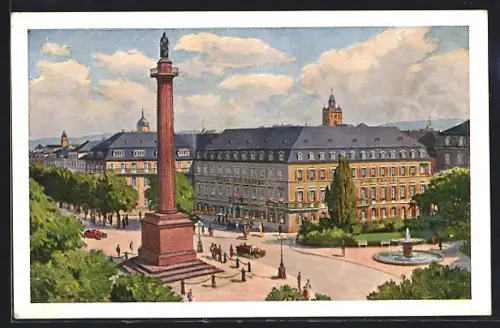 Künstler-AK Darmstadt, Hotel zur Traube mit Denkmal