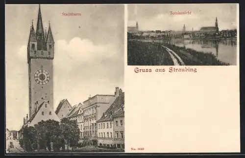 AK Straubing, Totalansicht und Blick auf den Stadtturm