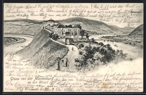 Künstler-AK Marienburg an der Mosel, Marienburg, Moselschleife, Weinberge