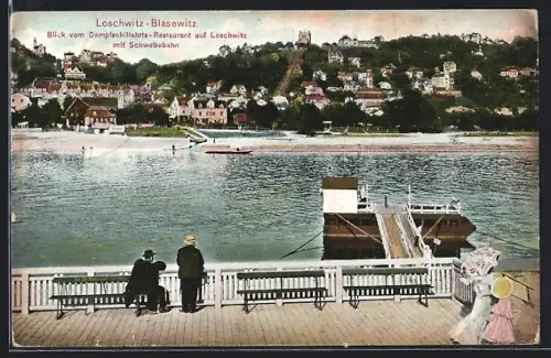 AK Dresden-Blasewitz, Blick vom Dampfschiffahrts-Restaurant auf Loschwitz mit Schwebebahn