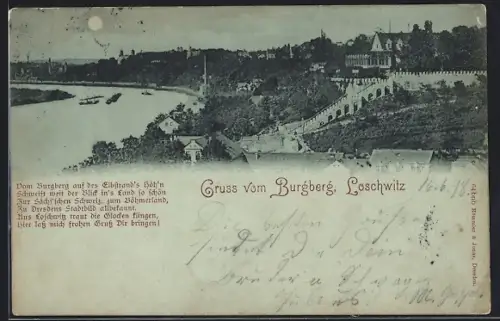 Mondschein-AK Dresden-Loschwitz, Burgberg, Elbansicht, Villen, Uferpanorama mit Treppe