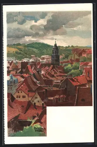 Lithographie Meissen / Elbe, Stadtansicht mit Kirche und Fachwerkhäusern