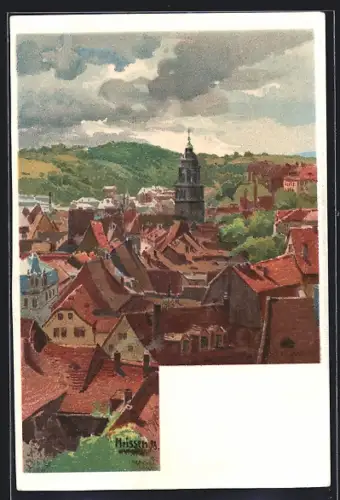 Lithographie Meissen / Elbe, Stadtansicht mit Kirche und Altstadt