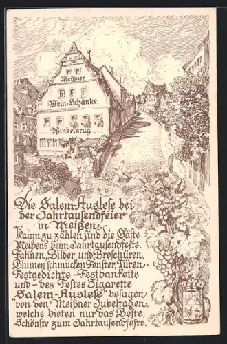 Künstler-AK Meissen, Gasthaus Weinschänke Winkelkrug, Jahrtausendfeier, Salem-Auslese