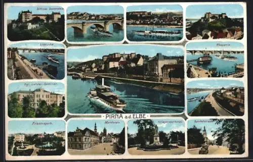 AK Pirna a. d. Elbe, Schloss Sonnenstein, Elbpartie, Marktplatz, Kriegerdenkmal